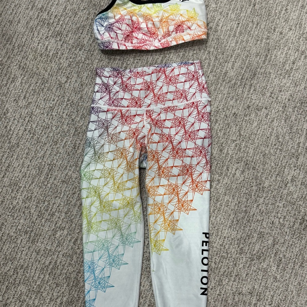 Peloton x WITH Geo prizm 2020 pride bra and cropped leggings.